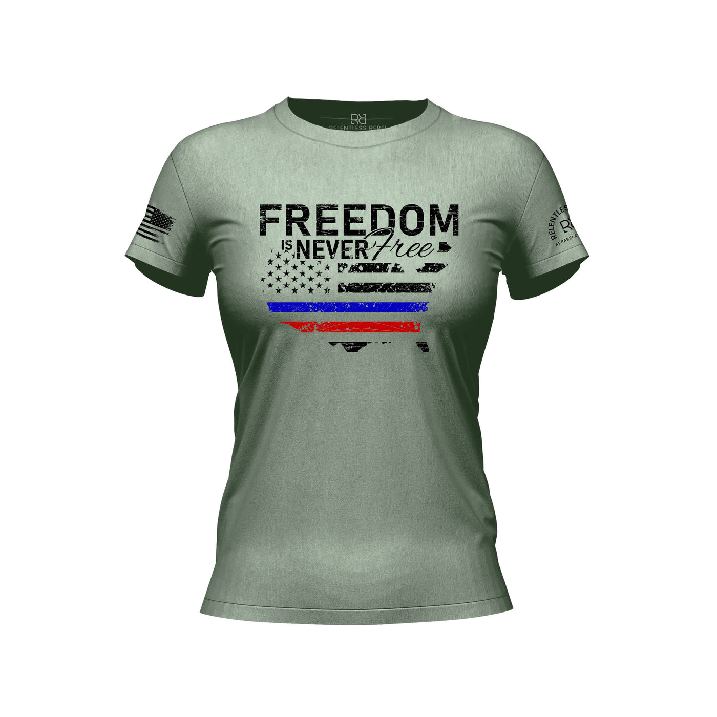 Sage t-shirt with 'Freedom is Never Free' text and American flag design on a white background