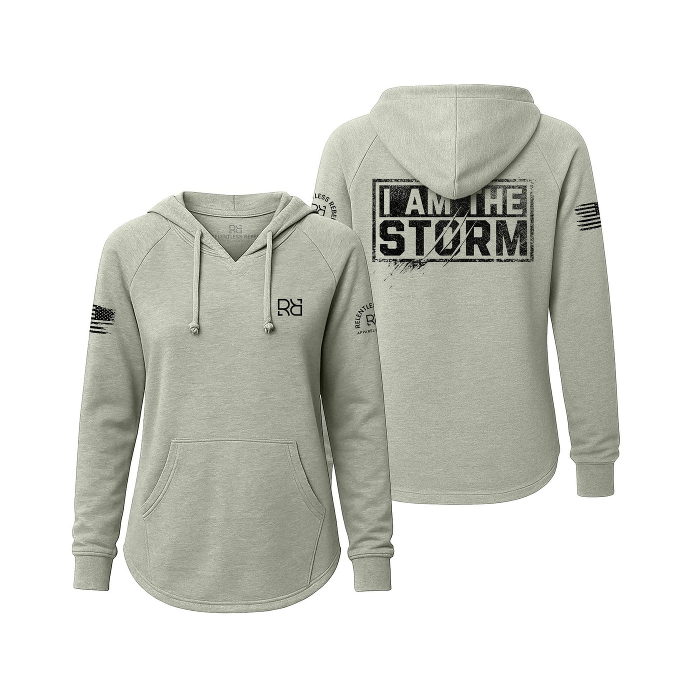 Sage hoodie with 'I AM THE STORM' text on the back, displayed from front and back views.