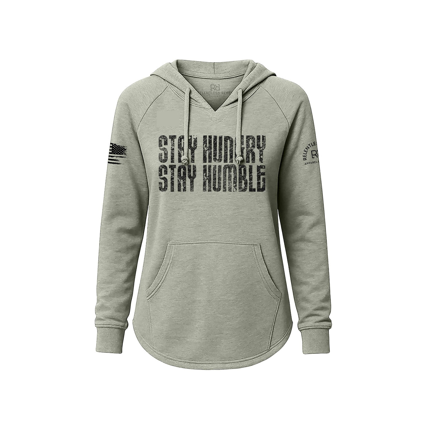 Sage hoodie with 'Stay Hungry Stay Humble' text on a white background