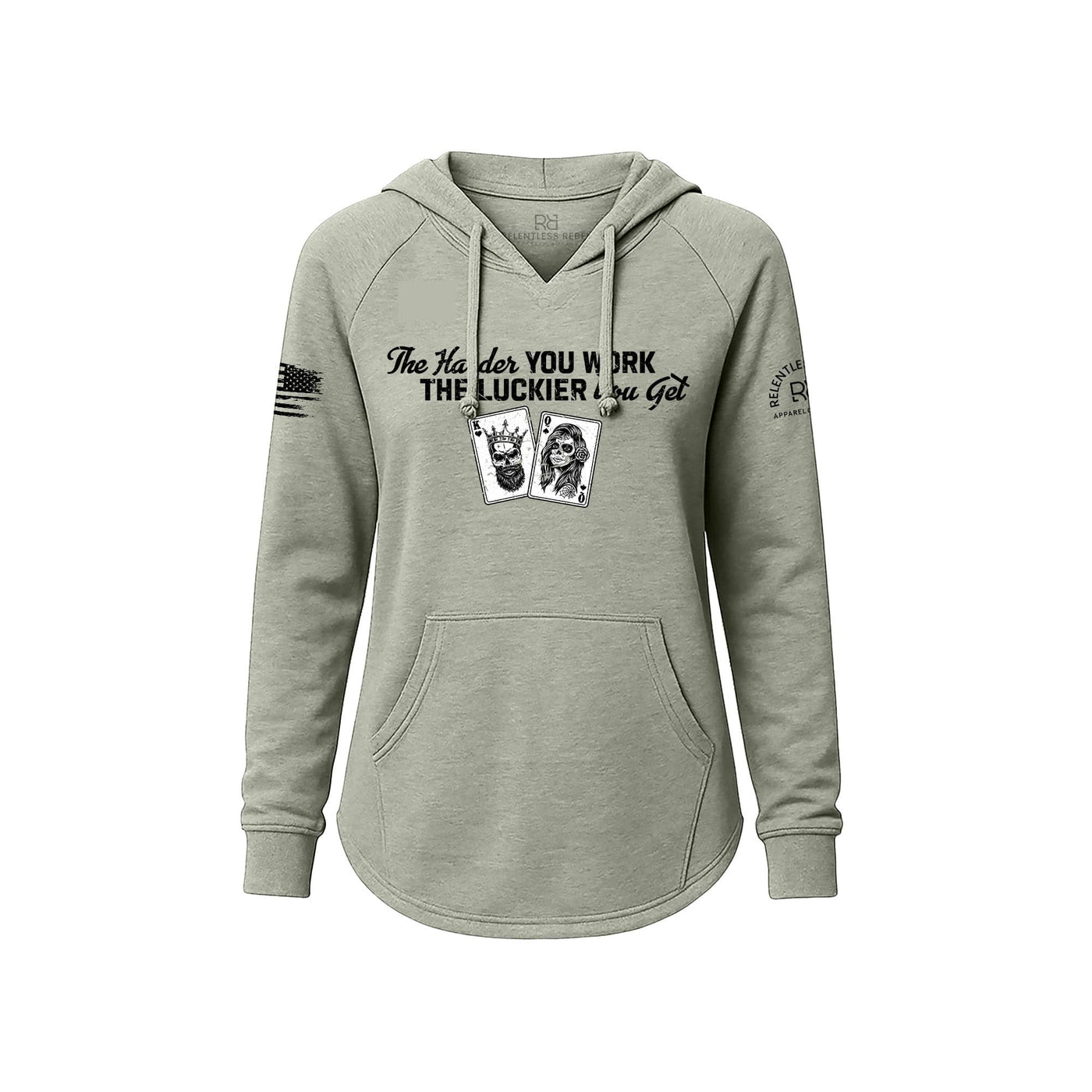 Sage hoodie with text and graphics on a white background