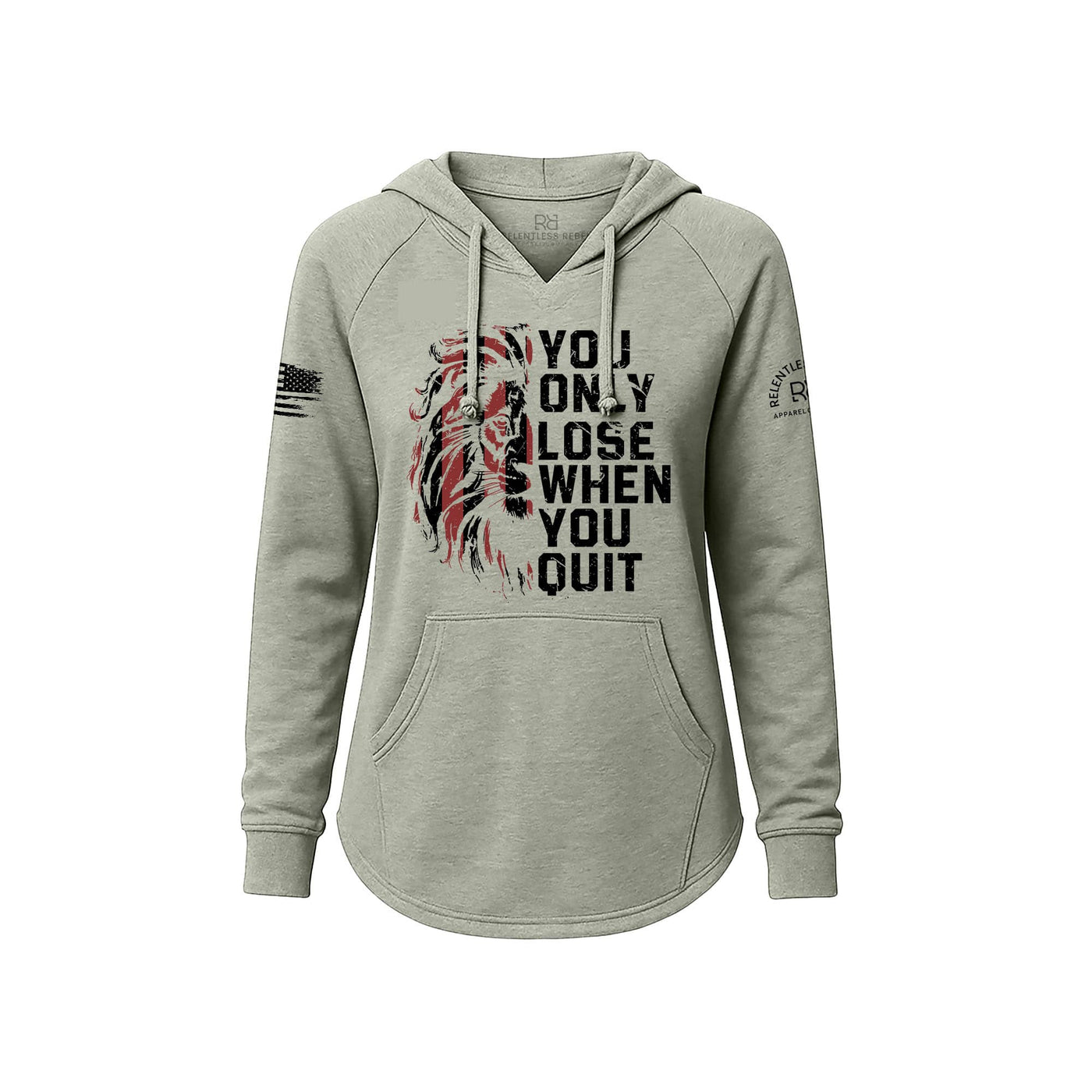 Sage hoodie with motivational quote and tiger design on a white background