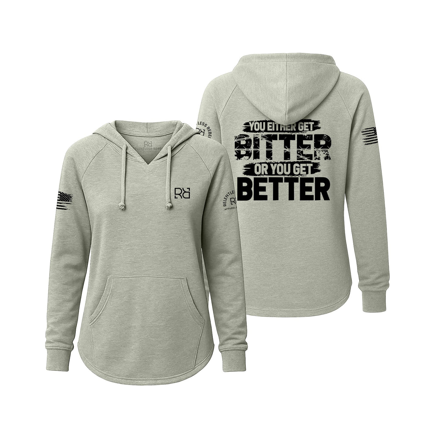 Sage hoodie with text on front and back on a white background