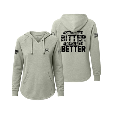 Sage hoodie with text on front and back on a white background