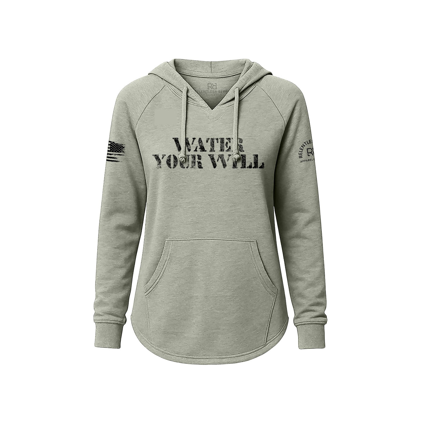 Sage hoodie with text and logo on sleeves against a white background