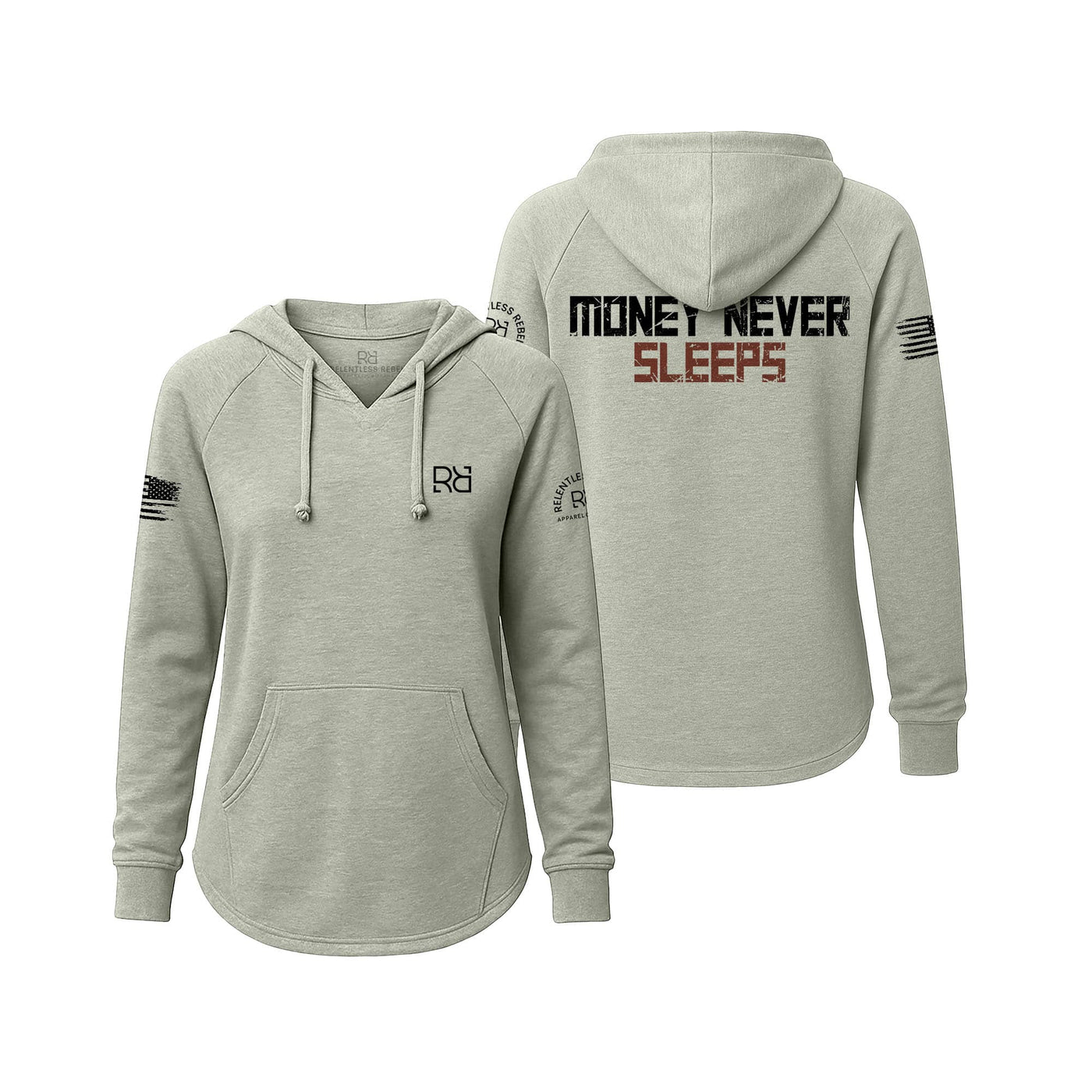 Sage Women's Wave Hoodie with the Money Never Sleeps on the back