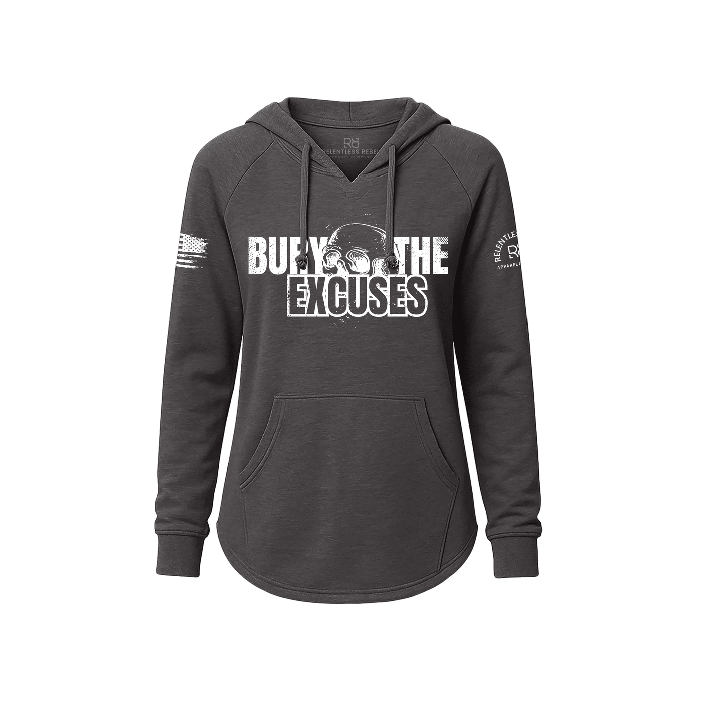 Shadow hoodie with 'Burn the Excuses' text on a white background