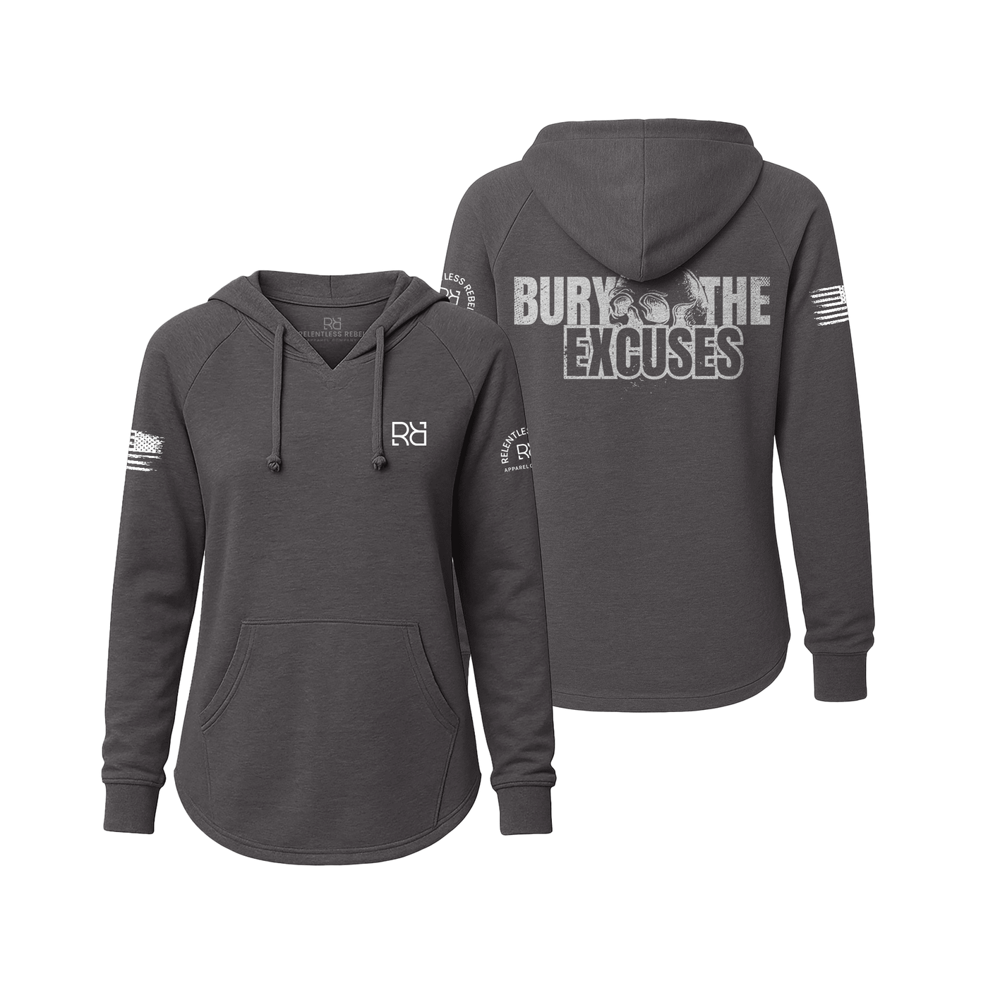 Gray hoodie with text and logos on a white background