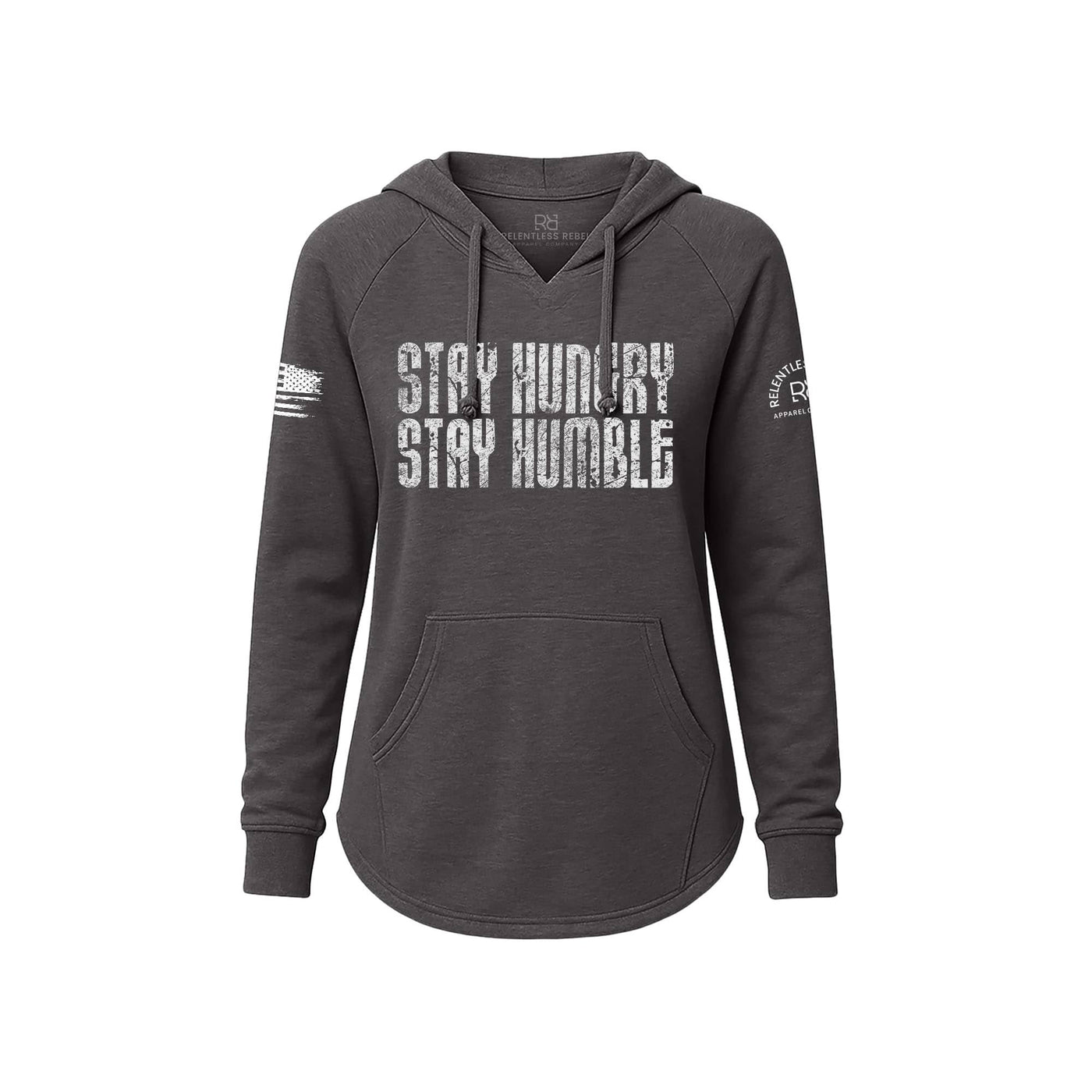 Gray hoodie with 'Stay Hungry Stay Humble' text on a white background