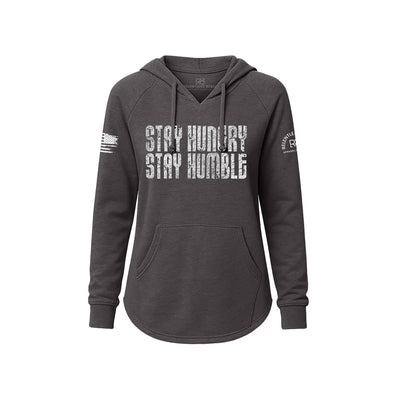 Gray hoodie with 'Stay Hungry Stay Humble' text on a white background