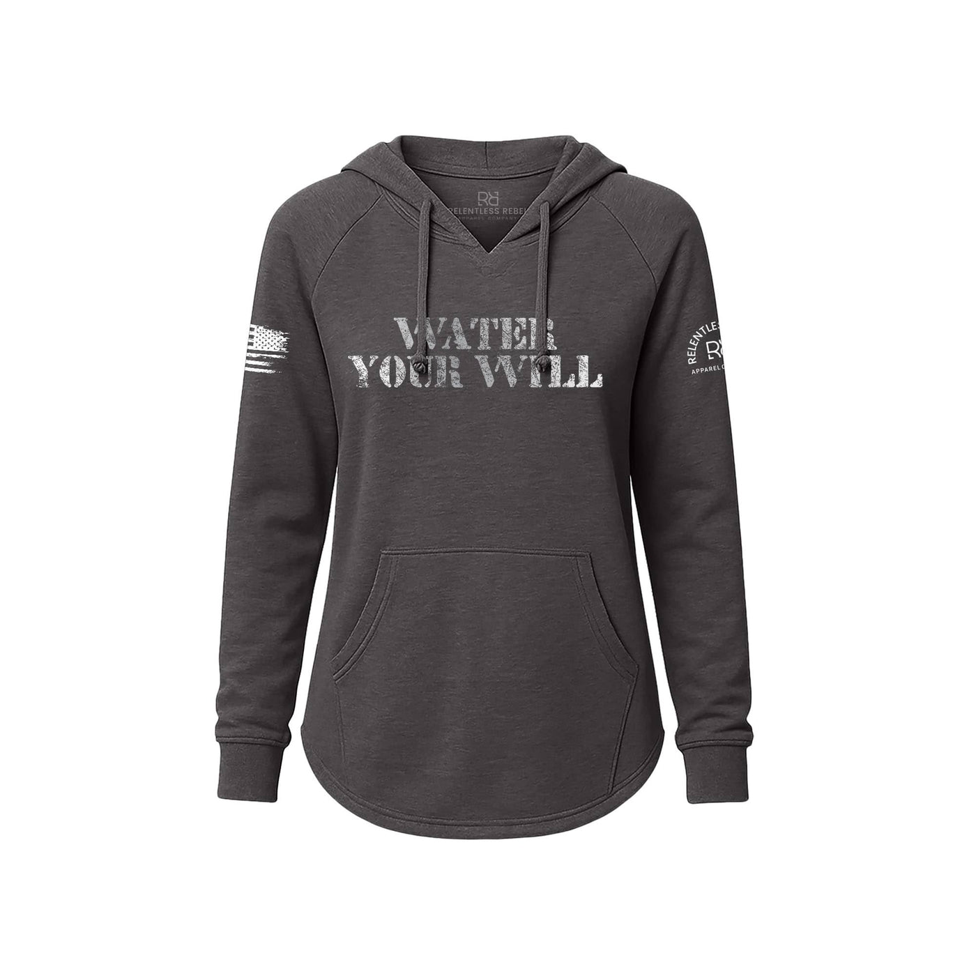 Dark gray hoodie with 'Water Your Will' text on a white background