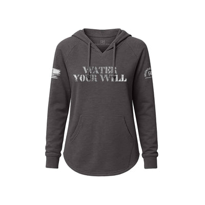 Dark gray hoodie with 'Water Your Will' text on a white background