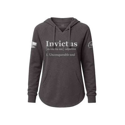 Gray hoodie with 'Invictus' text and branding on a white background