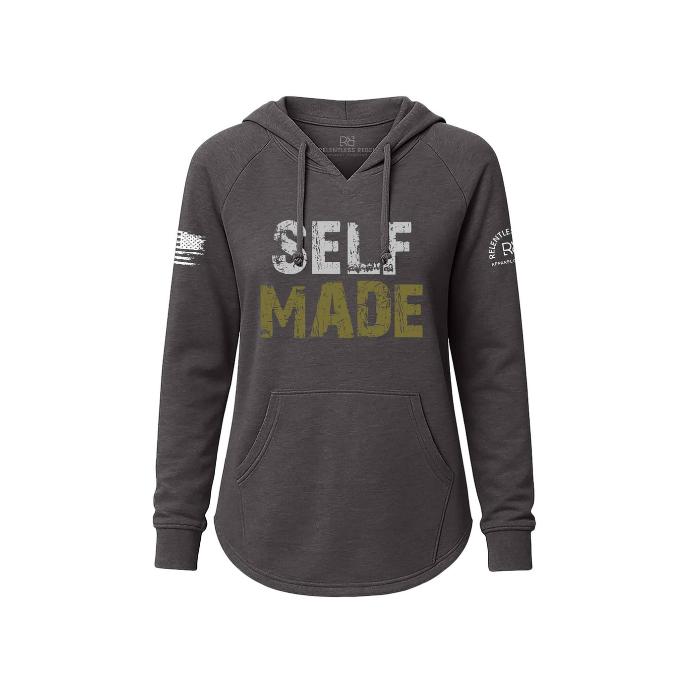 Gray hoodie with 'SELF MADE' text on a white background