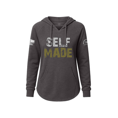 Gray hoodie with 'SELF MADE' text on a white background