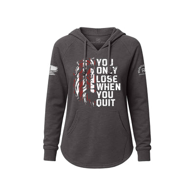 Dark gray hoodie with motivational quote and American flag design on a white background