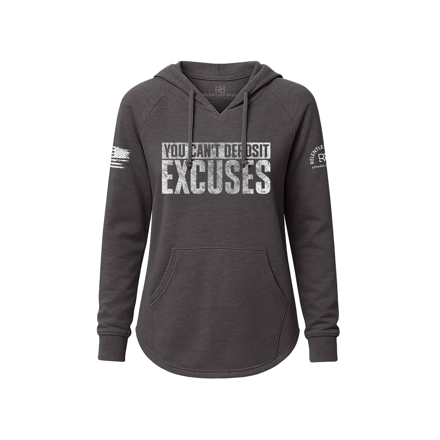 Dark gray hoodie with motivational text on a white background