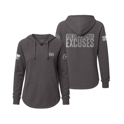 Gray hoodie with text on front and back on a white background