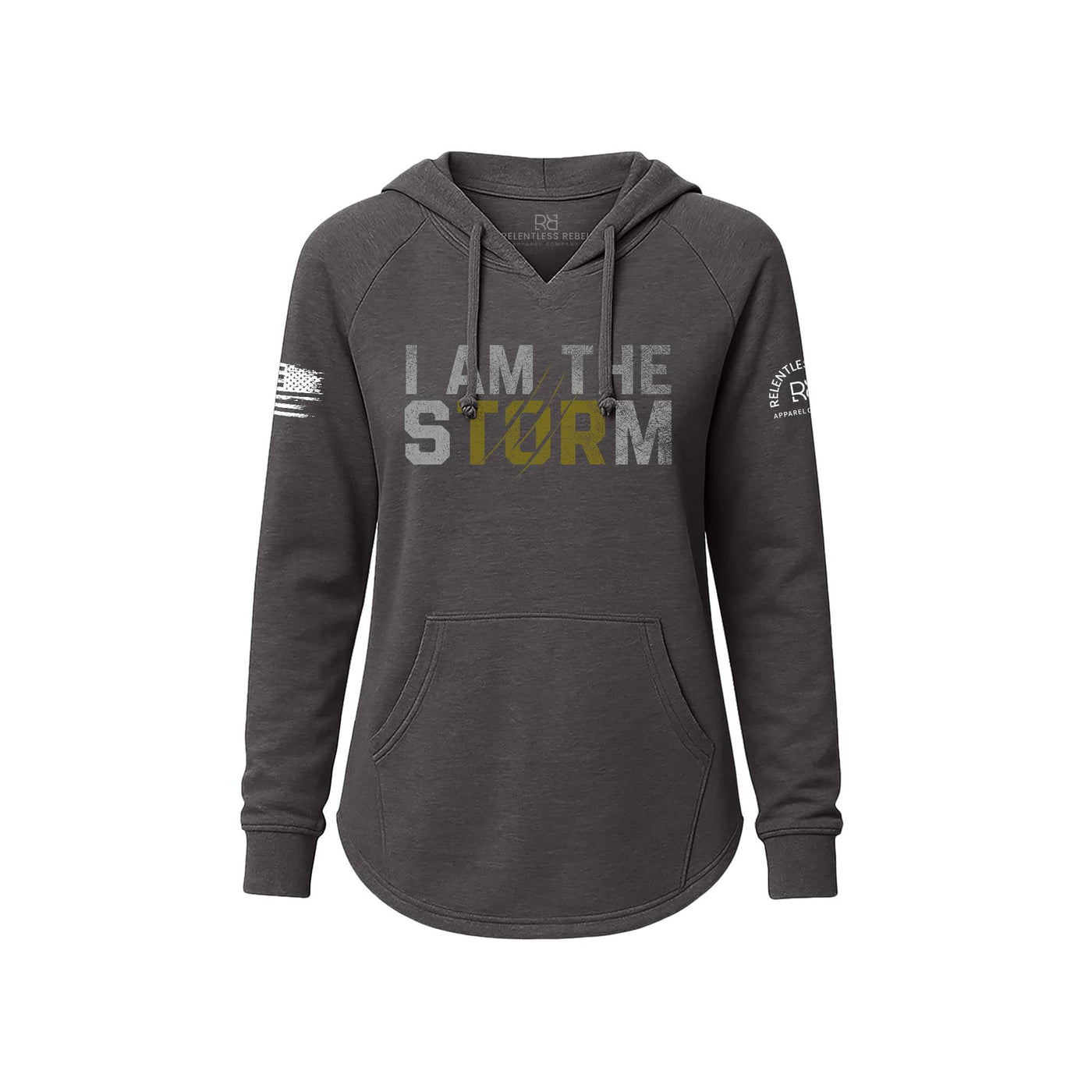 Dark gray hoodie with 'I AM THE STORM' text on a white background