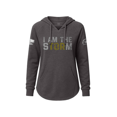 Dark gray hoodie with 'I AM THE STORM' text on a white background