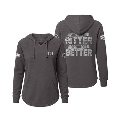 Gray hoodie with text on the front and back on a white background