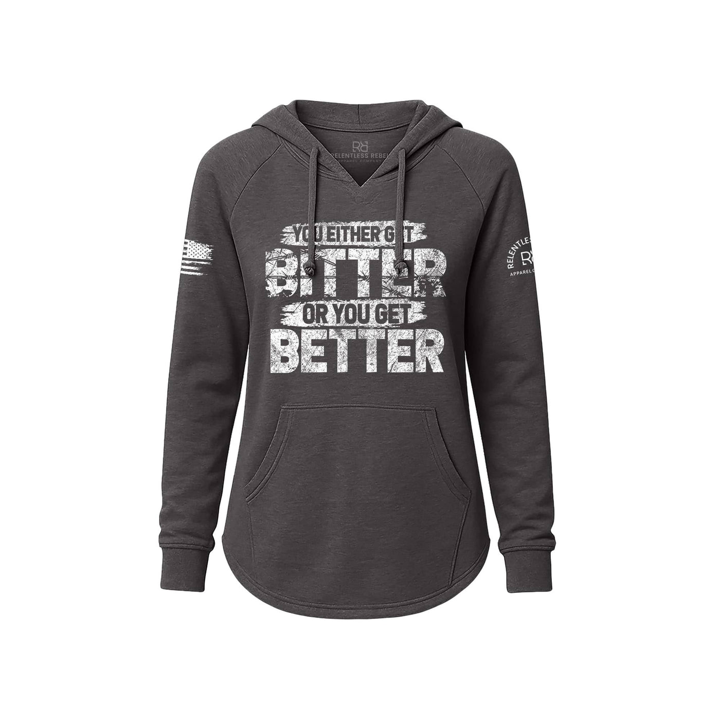 Dark gray hoodie with motivational text on a white background