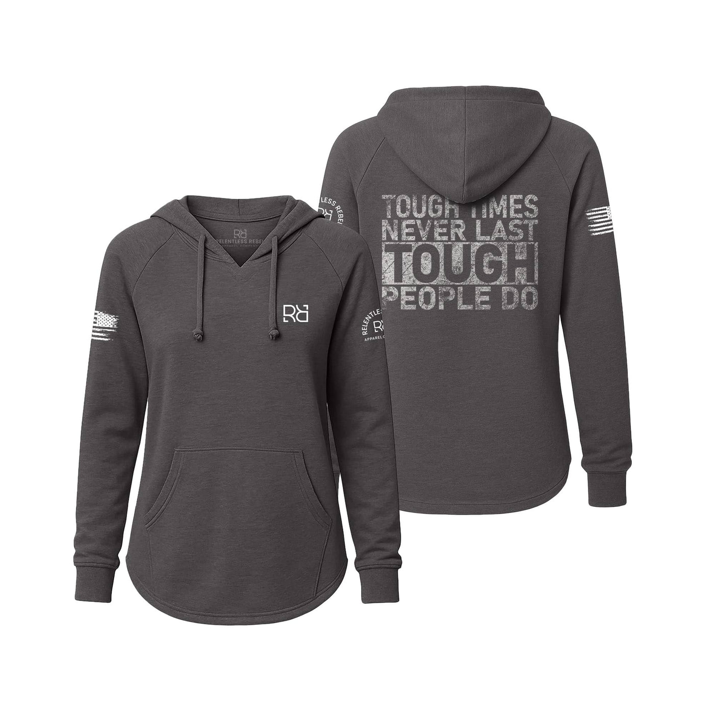 Gray hoodie with text and logos on a white background