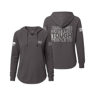 Gray hoodie with text and logos on a white background