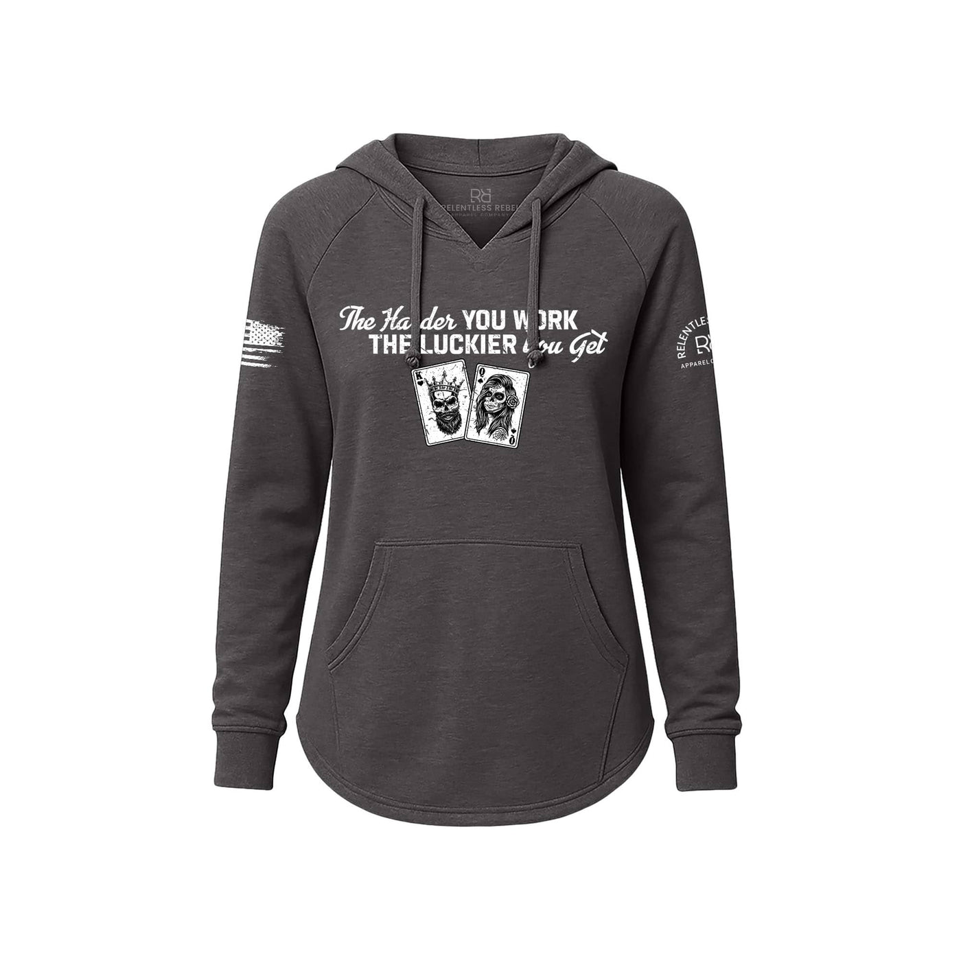 Dark gray hoodie with white text and graphics on a white background