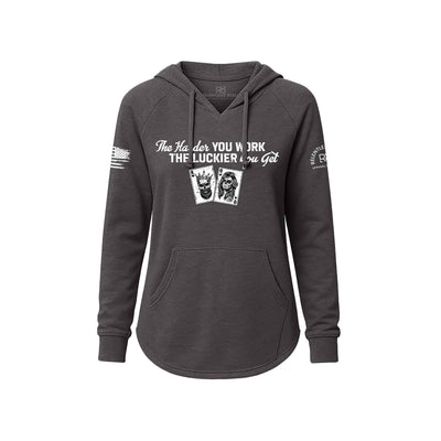 Dark gray hoodie with white text and graphics on a white background