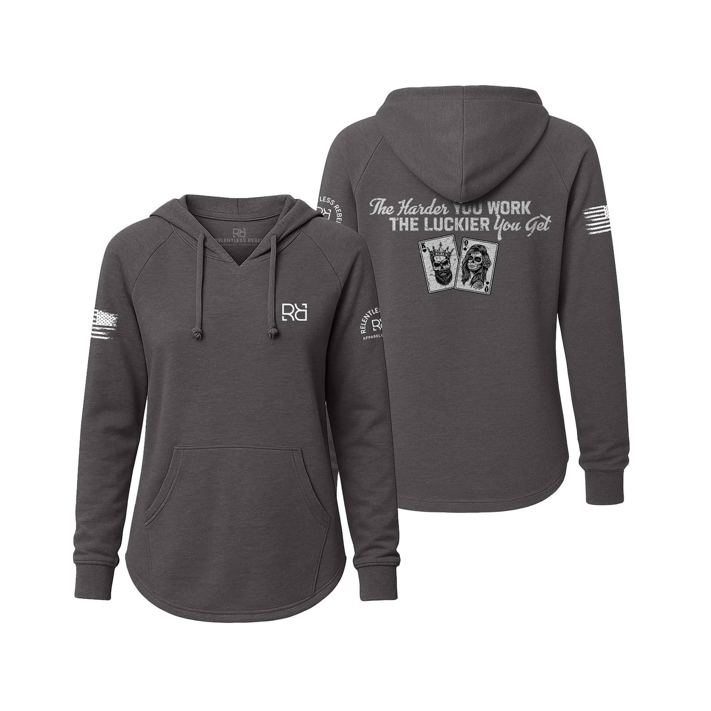 Gray hoodie with text and graphics on a white background