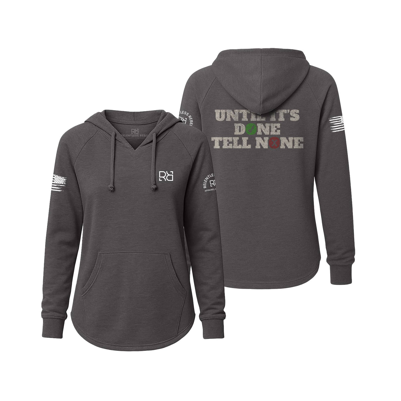 Gray hoodie with text and logos on a white background