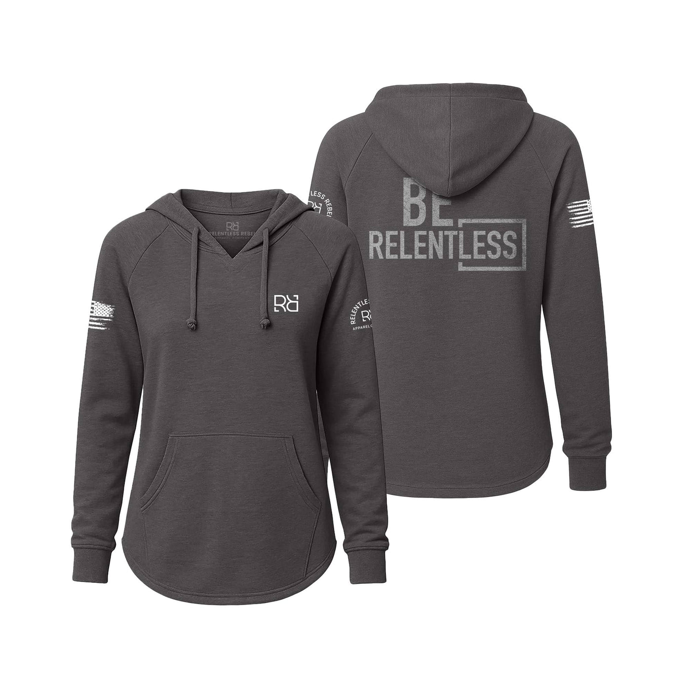 Gray hoodie with branding and text on a white background