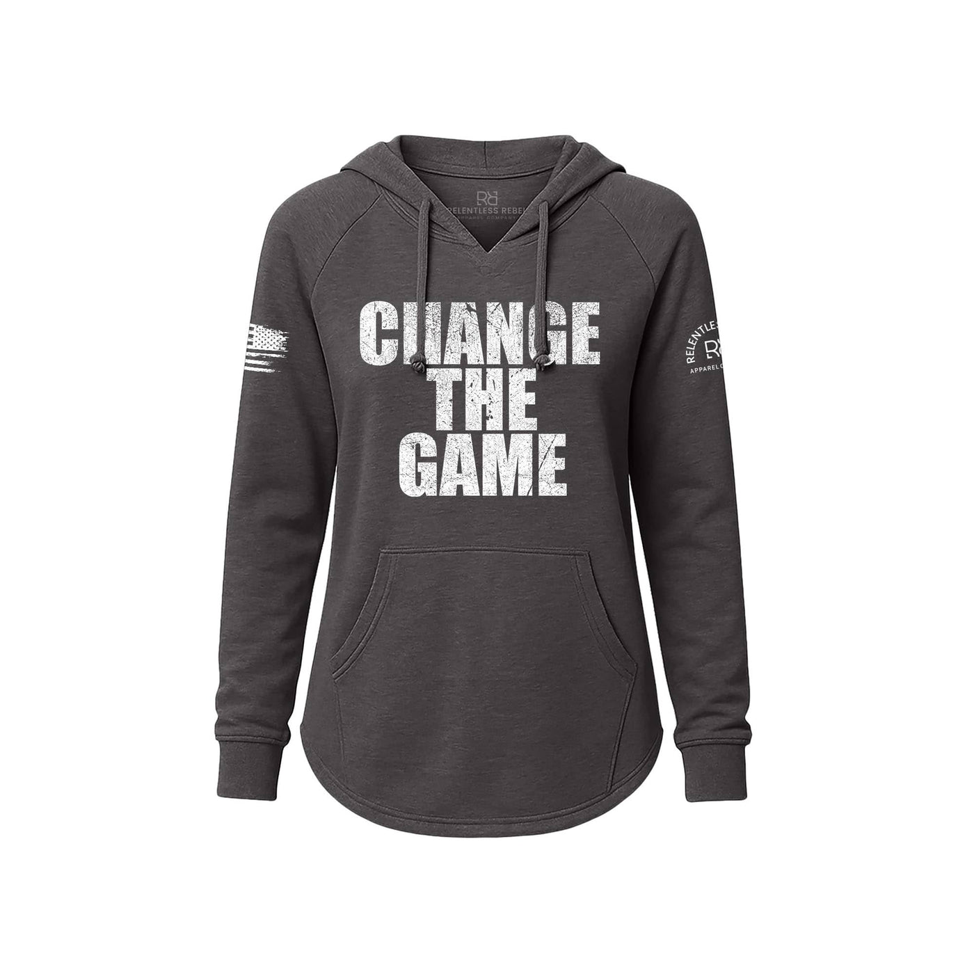 Dark gray hoodie with 'CHANGE THE GAME' text on a white background
