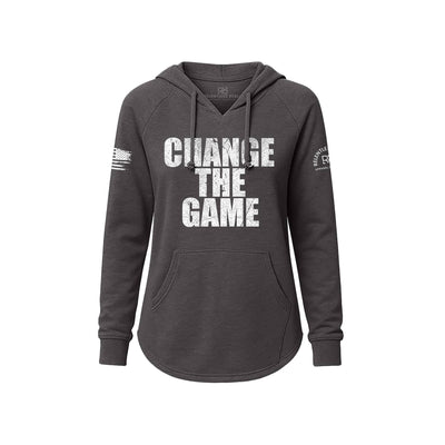 Dark gray hoodie with 'CHANGE THE GAME' text on a white background