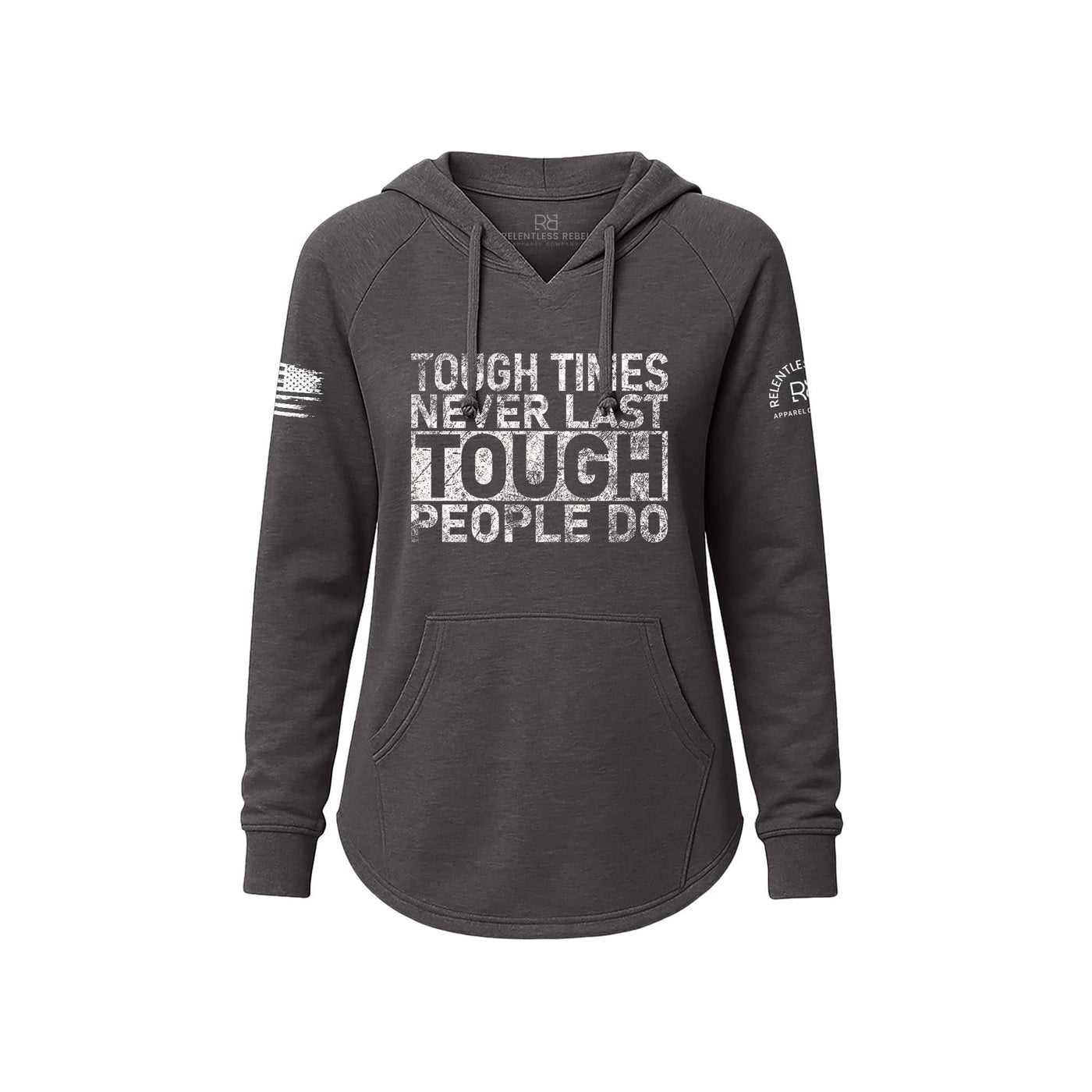 Dark gray hoodie with text on a white background