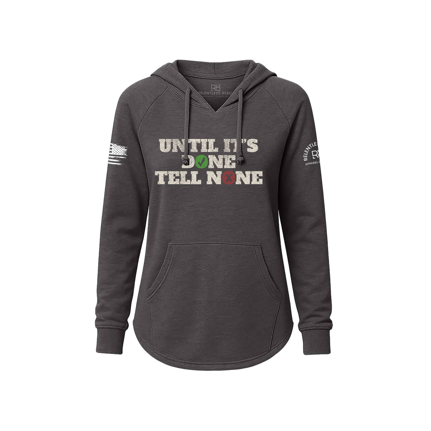 Gray hoodie with text and logos on a white background