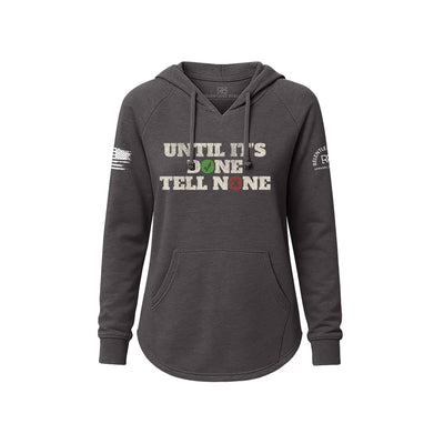 Gray hoodie with text and logos on a white background