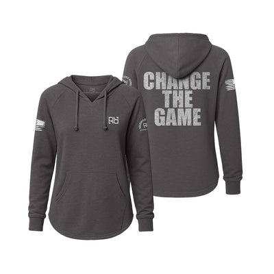 Gray hoodie with 'Change The Game' text on a white background