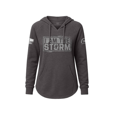 Dark gray hoodie with 'I AM THE STORM' text on a white background