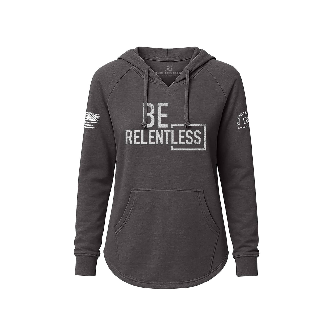 Gray hoodie with 'BE RELENTLESS' text on a white background