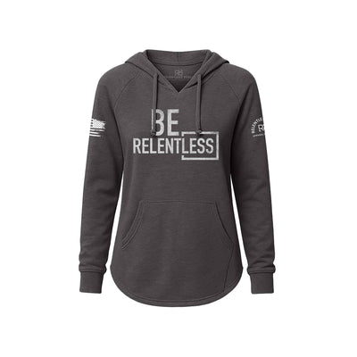 Gray hoodie with 'BE RELENTLESS' text on a white background