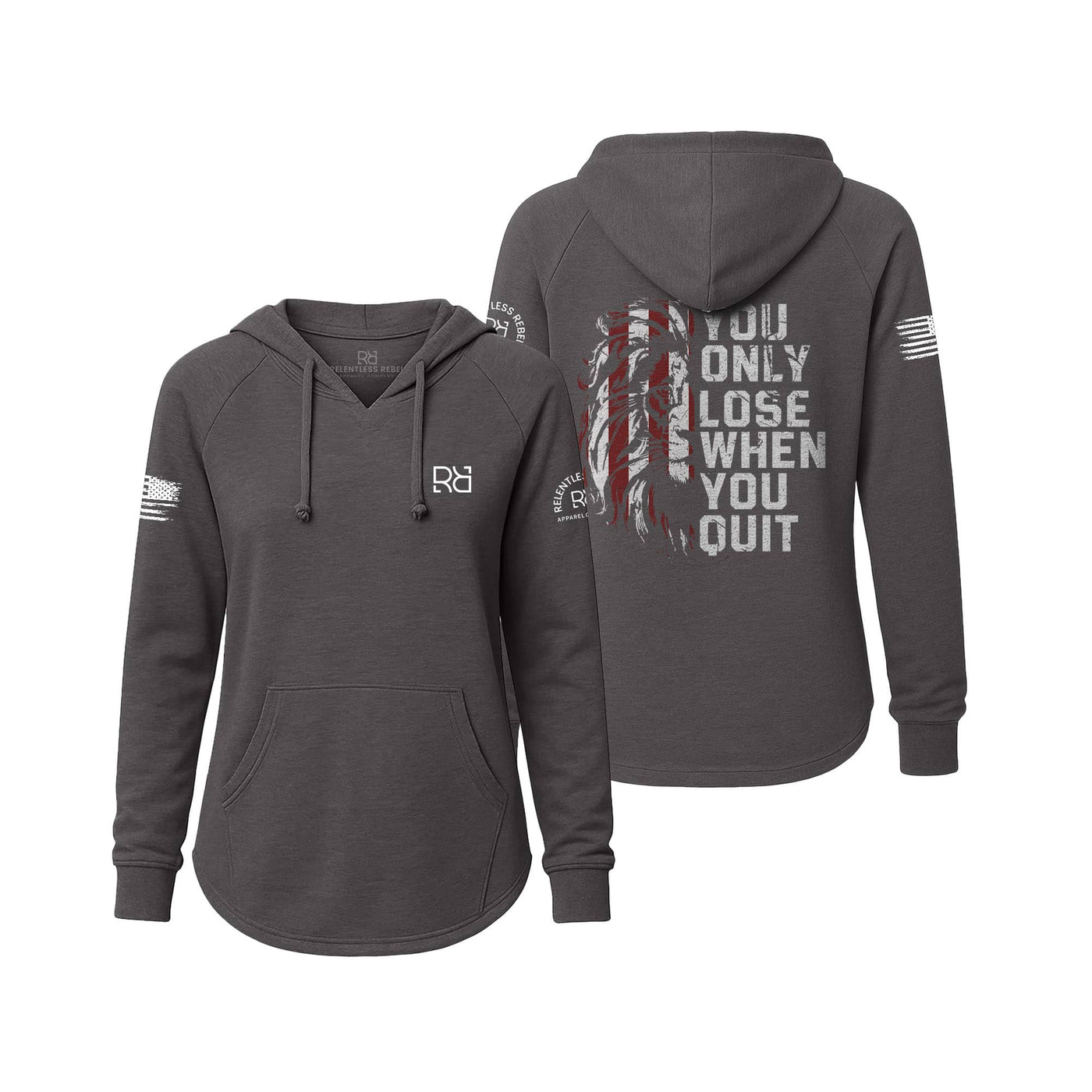 Gray hoodie with motivational text and graphics on a white background
