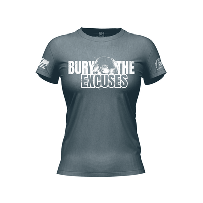 Slate t-shirt with 'Bury The Excuses' text and skull graphic on a white background