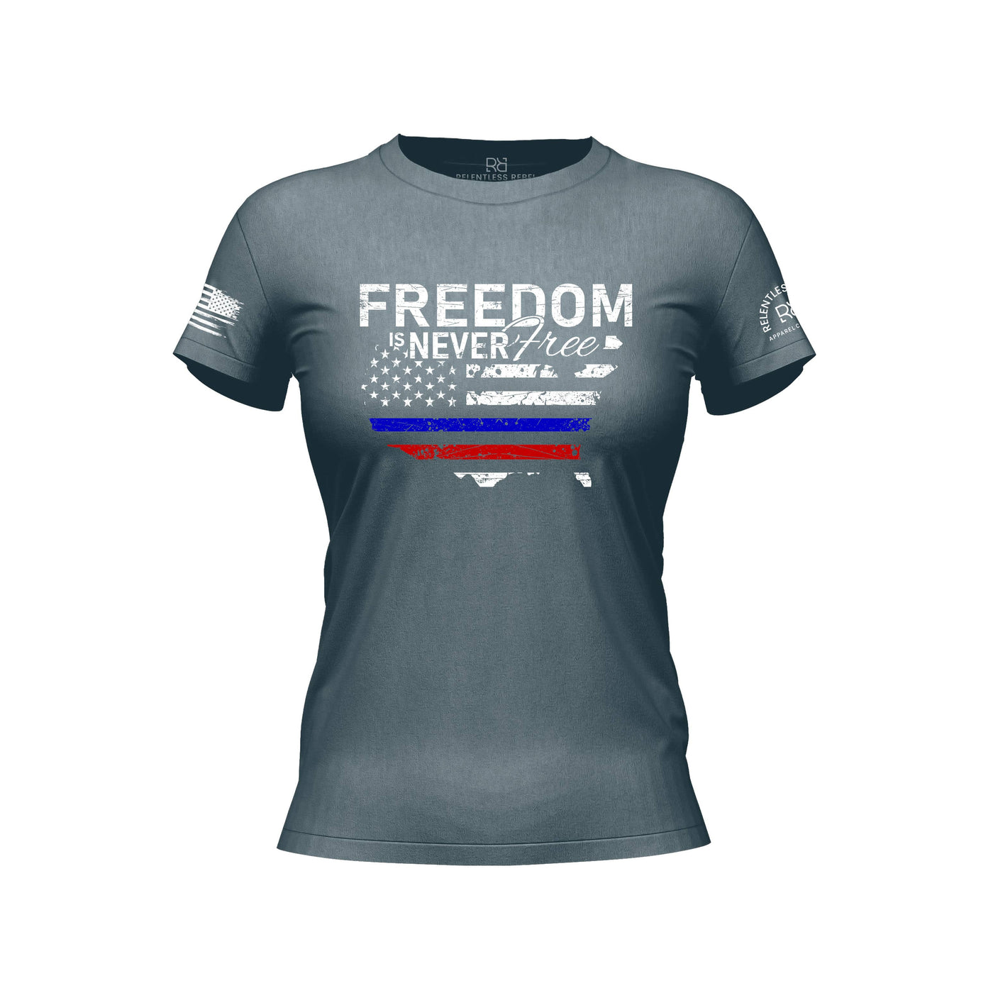 Slate t-shirt with 'Freedom is Never Free' text and American flag design on a white background