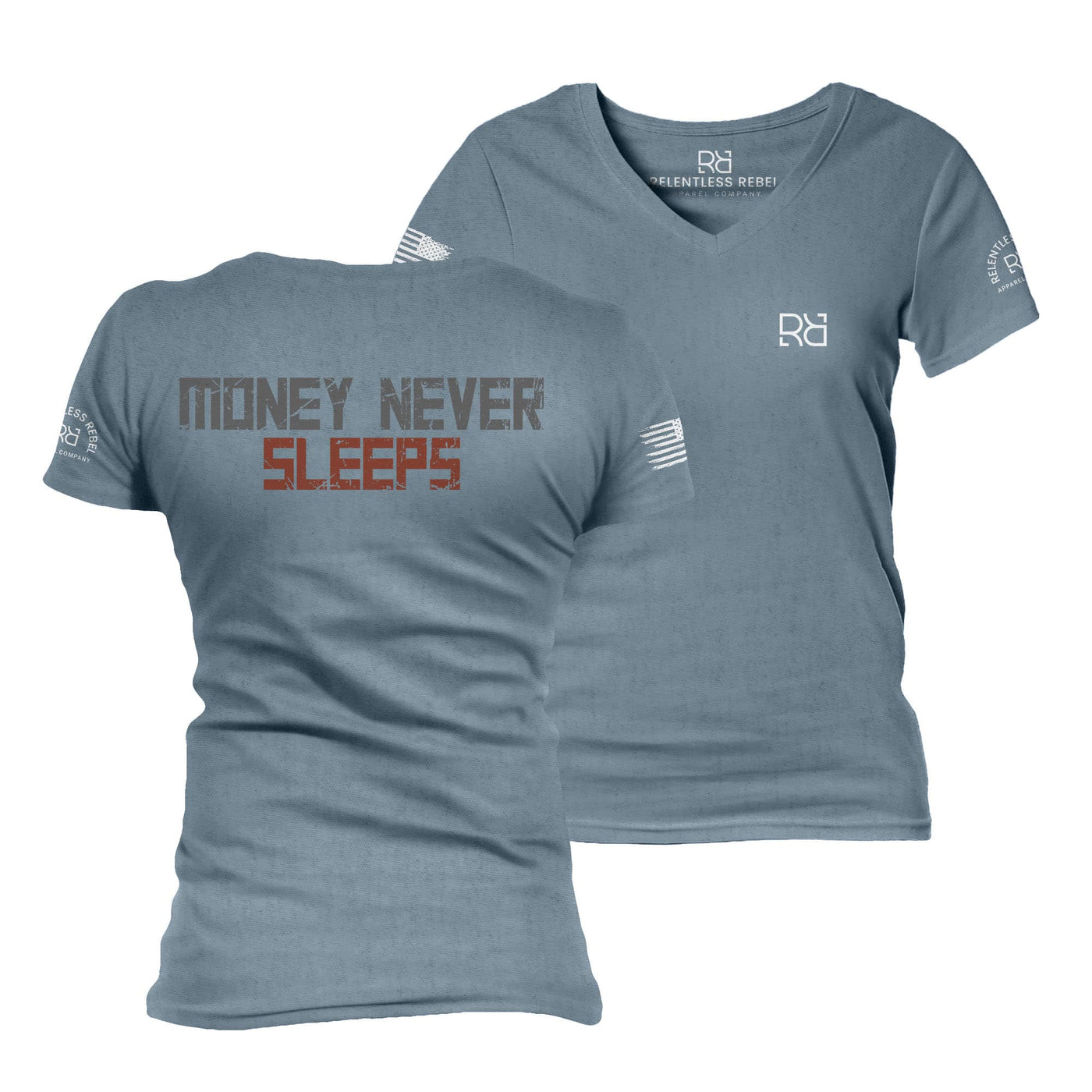 Slate t-shirt with 'Money Never Sleeps' text and logo on a white background