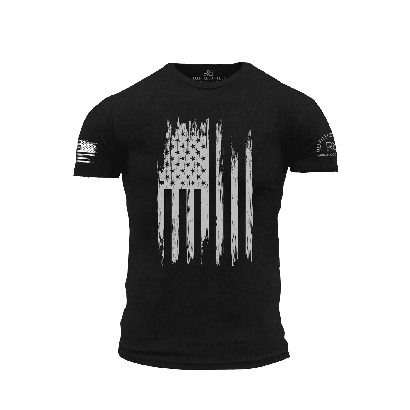 Black t-shirt with white American flag design on a white background