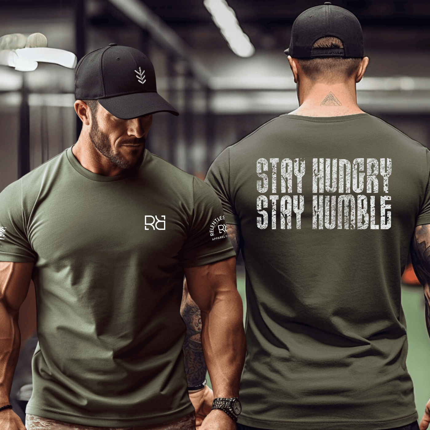 Two men wearing green t-shirts, one with a brand logo on the front and the other with 'Stay Hungry Stay Humble' on the back, in an indoor setting.