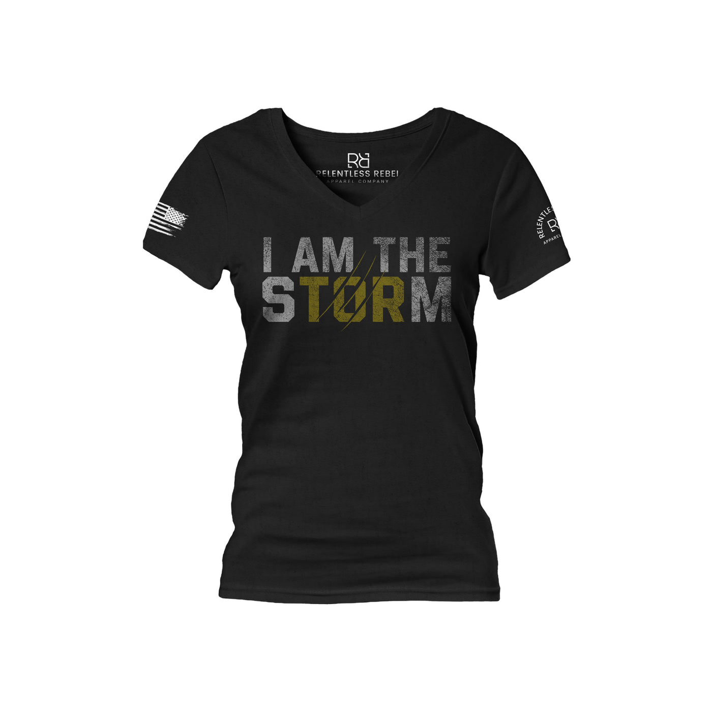 Solid Black Women's I Am The Storm Front Design V-Neck Tee