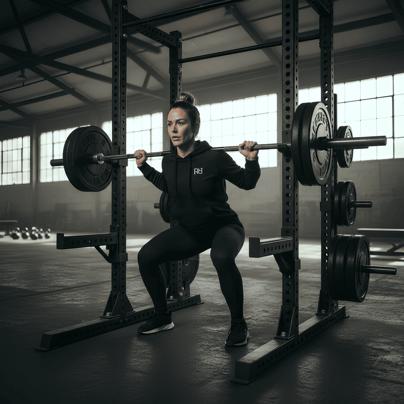 Person performing a squat with a barbell in a gym setting