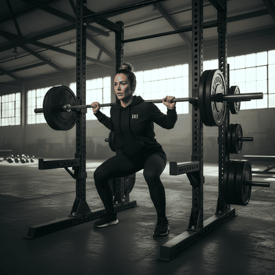 Person performing a squat with a barbell in a gym setting